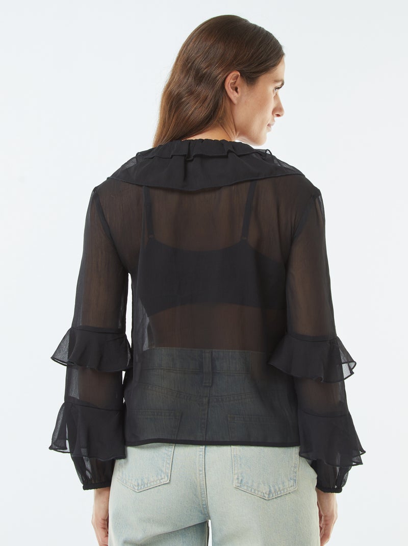 Blusa de manga comprida com folhos Preto - Kiabi