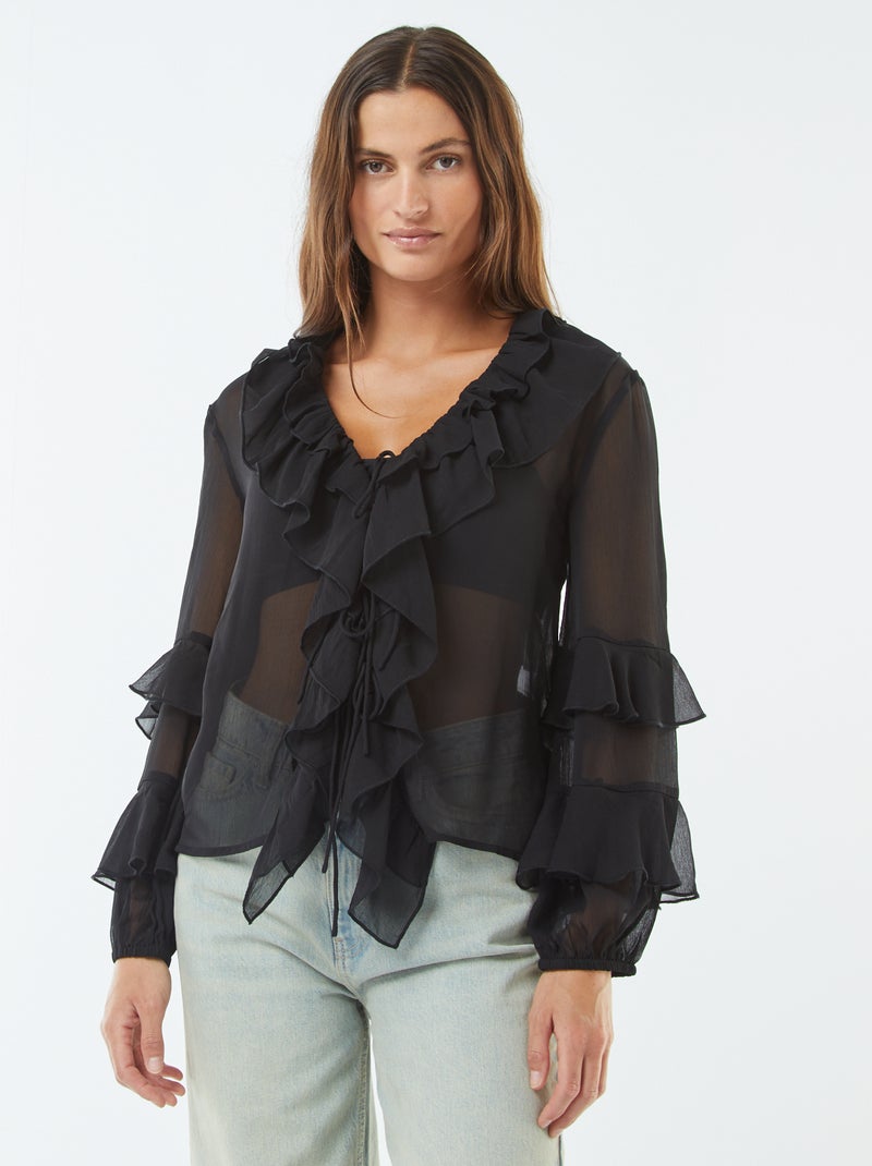 Blusa de manga comprida com folhos Preto - Kiabi