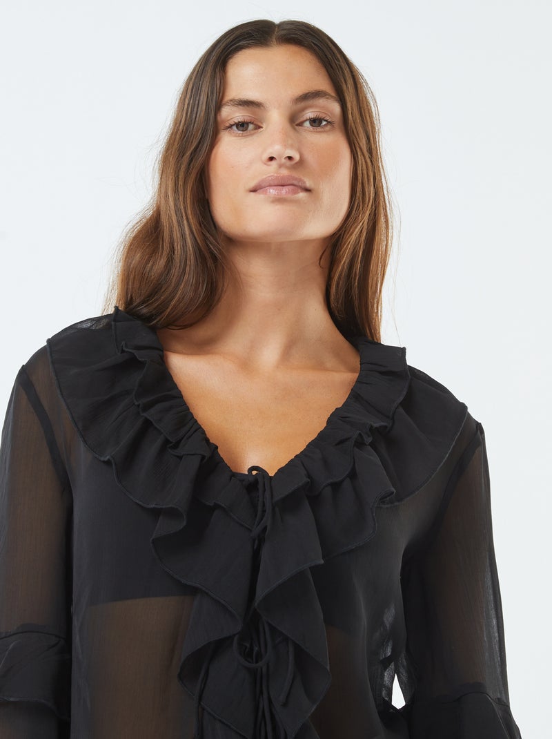 Blusa de manga comprida com folhos Preto - Kiabi