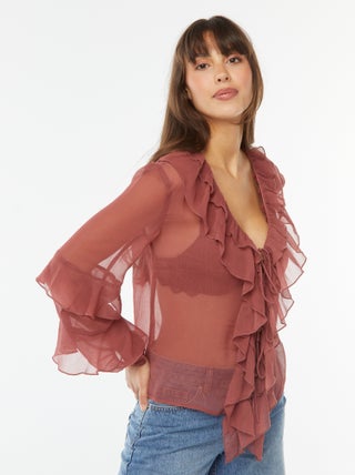 Blusa de manga comprida com folhos