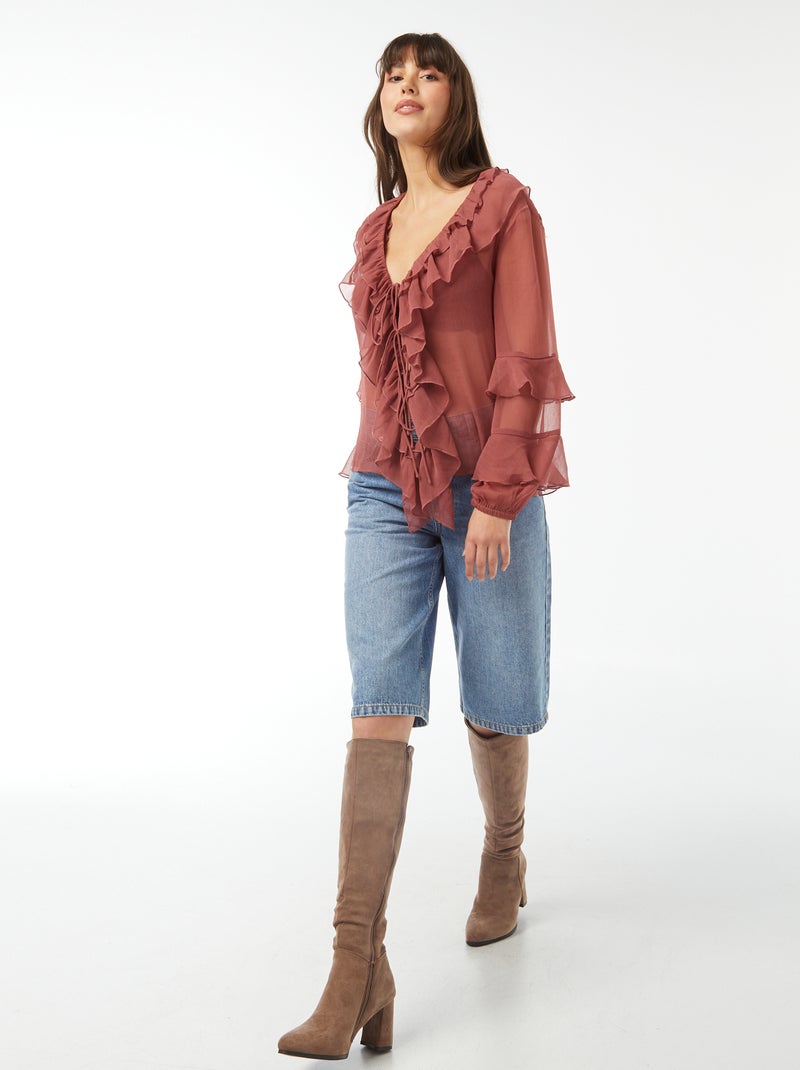 Blusa de manga comprida com folhos Vermelho - Kiabi