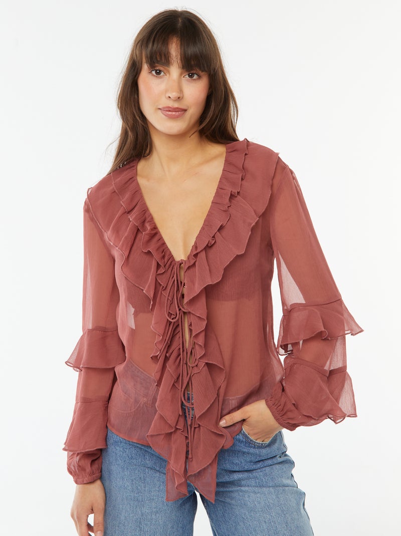 Blusa de manga comprida com folhos Vermelho - Kiabi