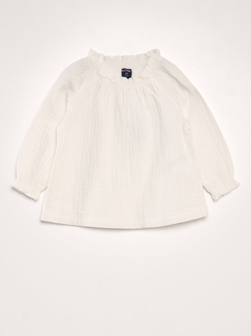 Blusa de manga comprida com gola com folhos Branco - Kiabi