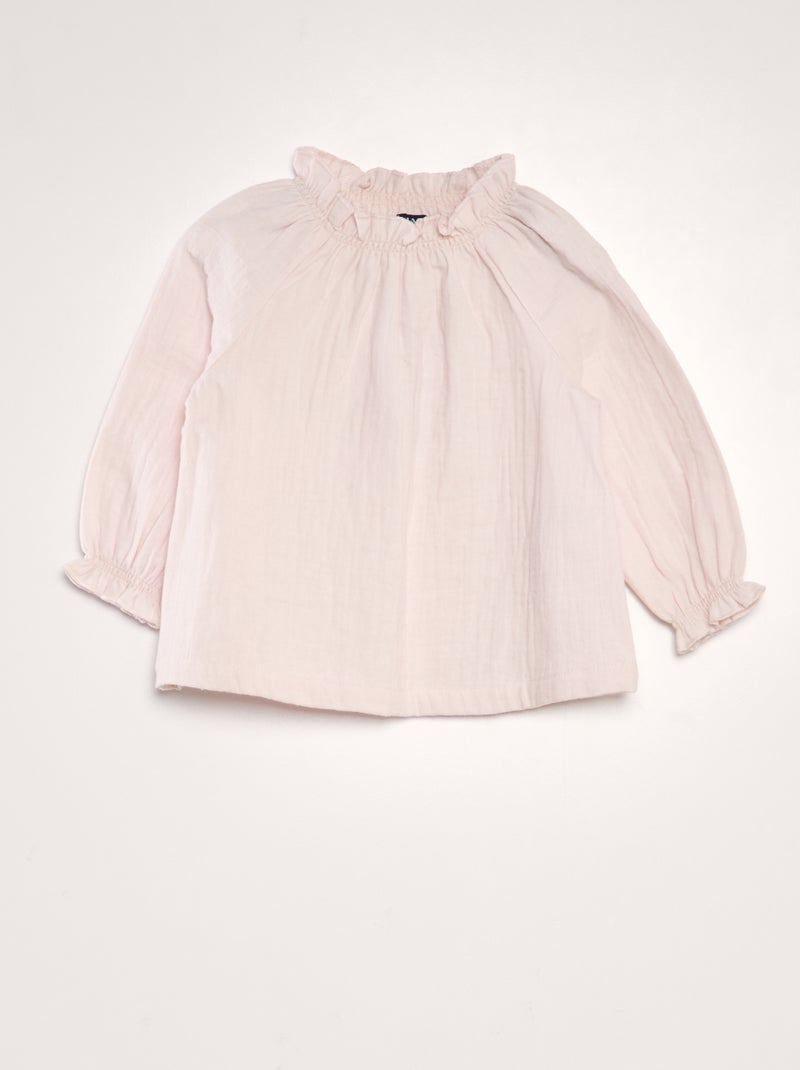 Blusa de manga comprida com gola com folhos ROSA - Kiabi