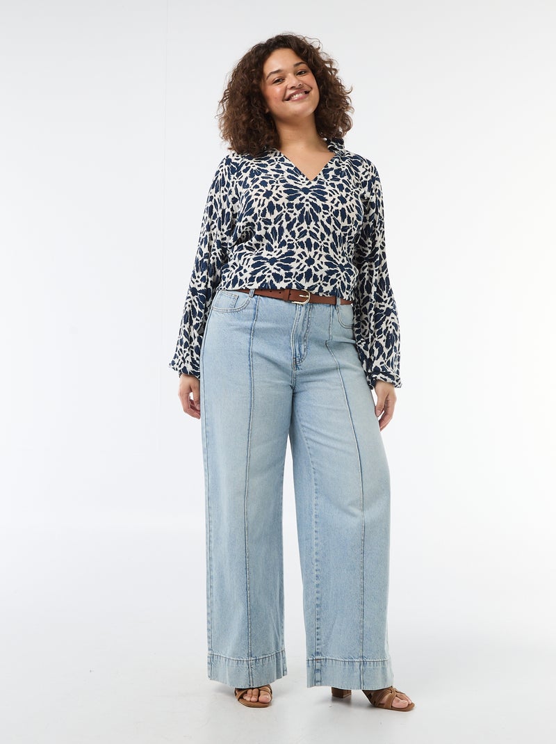 Blusa de manga comprida com gola de pontas soltas Azul - Kiabi