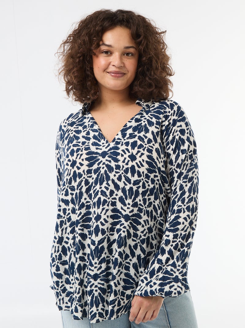 Blusa de manga comprida com gola de pontas soltas Azul - Kiabi