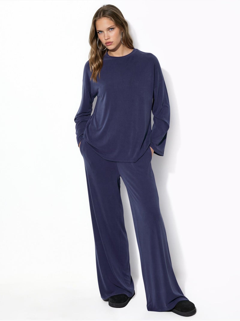 Blusa de manga comprida com gola redonda e caimento descontraído busem Azul-marinho - Kiabi