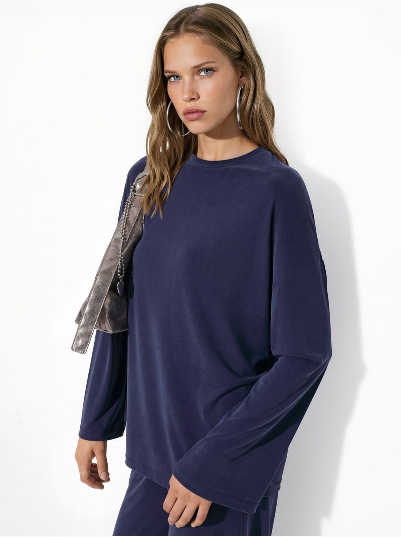 Blusa de manga comprida com gola redonda e caimento descontraído busem Azul-marinho - Kiabi