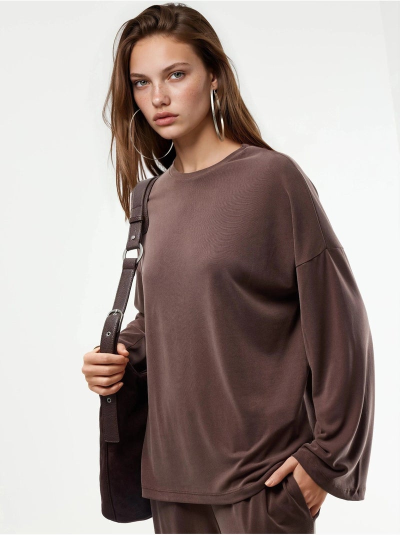 Blusa de manga comprida com gola redonda e caimento descontraído busem Castanho-claro - Kiabi