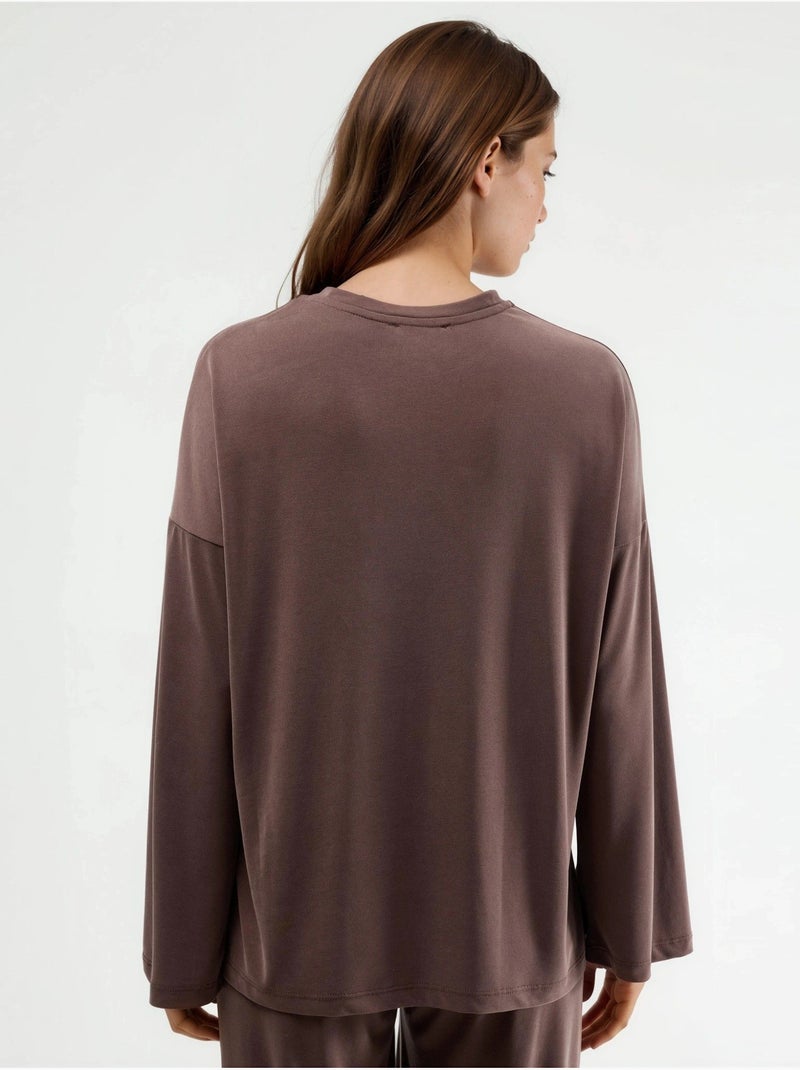 Blusa de manga comprida com gola redonda e caimento descontraído busem Castanho-claro - Kiabi
