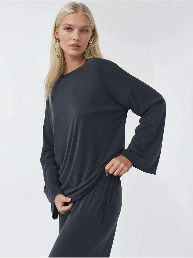 Blusa de manga comprida com gola redonda e caimento descontraído busem Cinza-preto - Kiabi