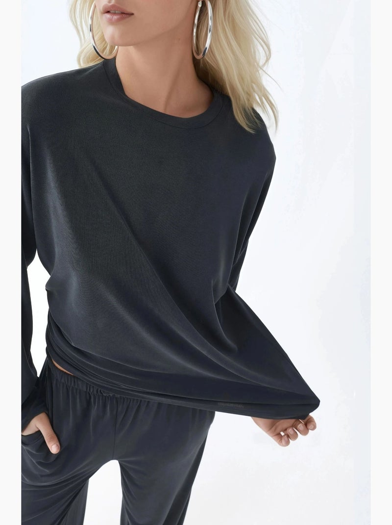 Blusa de manga comprida com gola redonda e caimento descontraído busem Cinza-preto - Kiabi