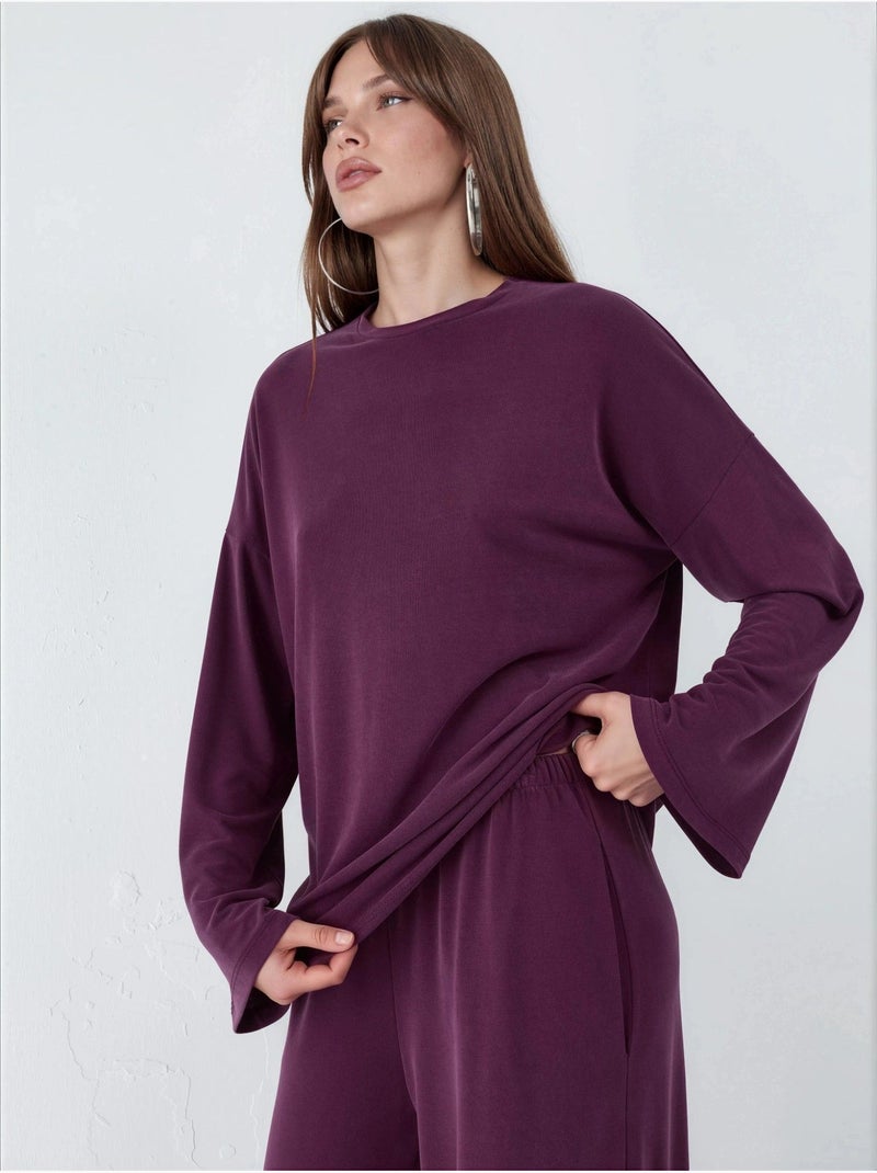 Blusa de manga comprida com gola redonda e caimento descontraído busem Malva - Kiabi