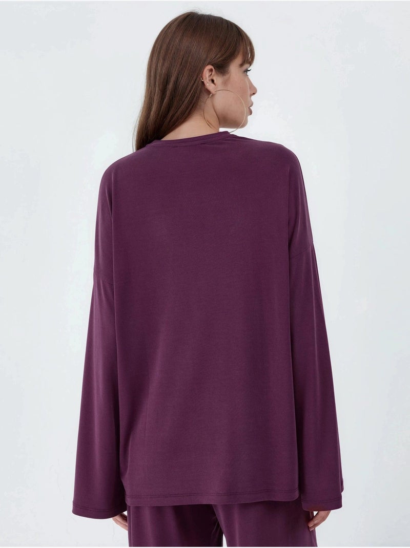 Blusa de manga comprida com gola redonda e caimento descontraído busem Malva - Kiabi
