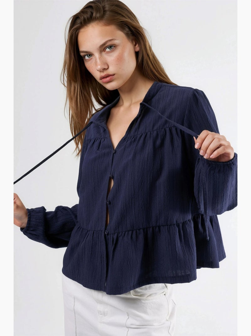 Blusa de manga comprida com gola tippet hiccup Azul-marinho - Kiabi