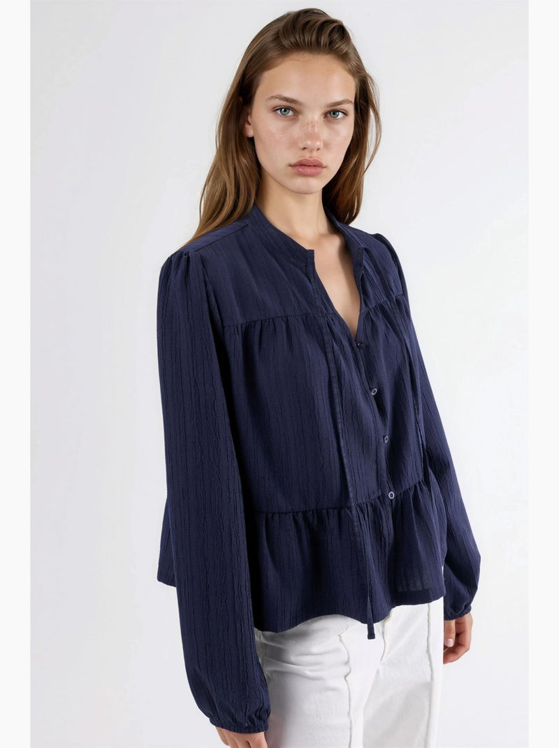 Blusa de manga comprida com gola tippet hiccup Azul-marinho - Kiabi