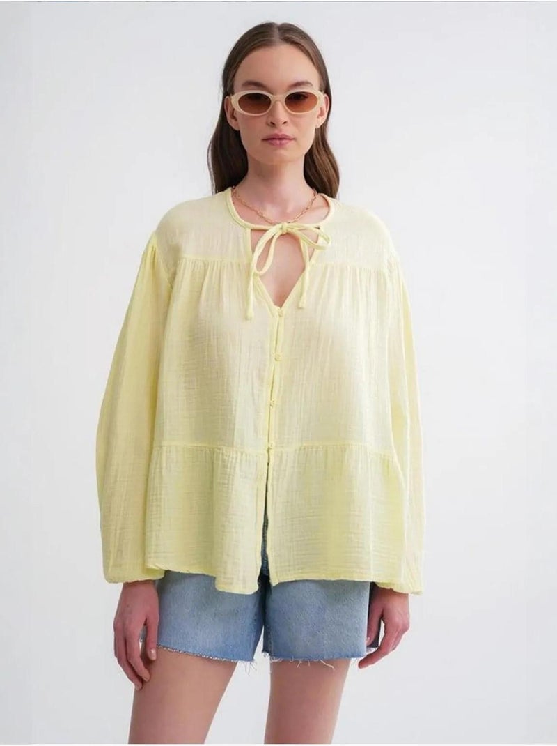 Blusa de manga comprida de corte descontraído com laço no decote mixray Amarelo-limão - Kiabi