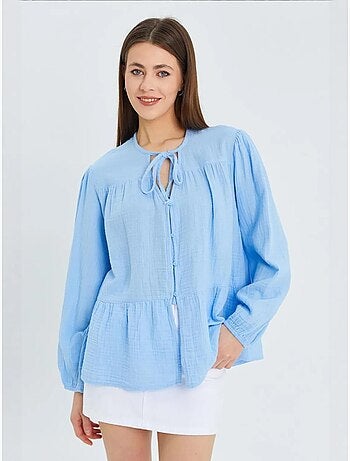 Blusa de manga comprida de corte descontraído com laço no decote mixray