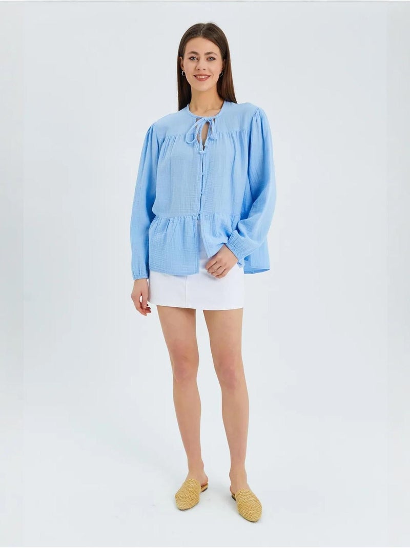 Blusa de manga comprida de corte descontraído com laço no decote mixray Azul-céu - Kiabi