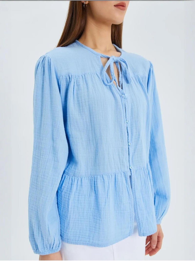 Blusa de manga comprida de corte descontraído com laço no decote mixray Azul-céu - Kiabi