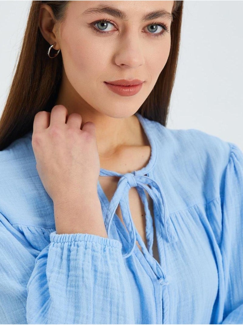 Blusa de manga comprida de corte descontraído com laço no decote mixray Azul-céu - Kiabi