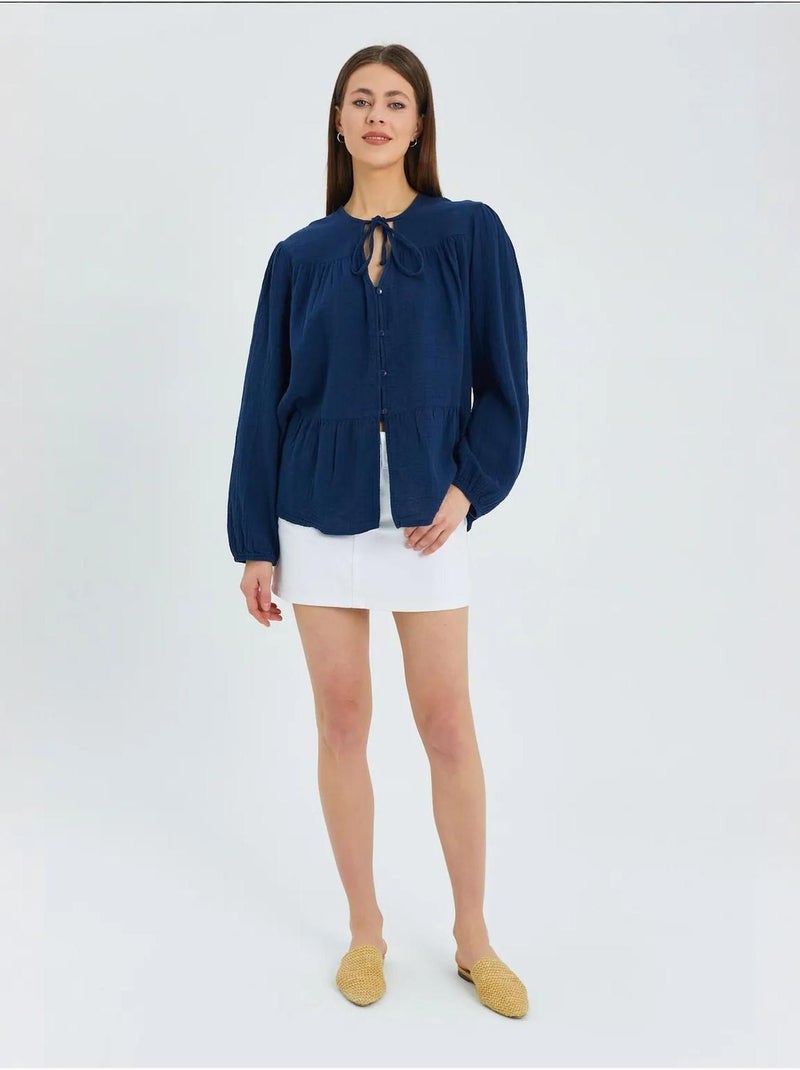 Blusa de manga comprida de corte descontraído com laço no decote mixray Azul-marinho - Kiabi