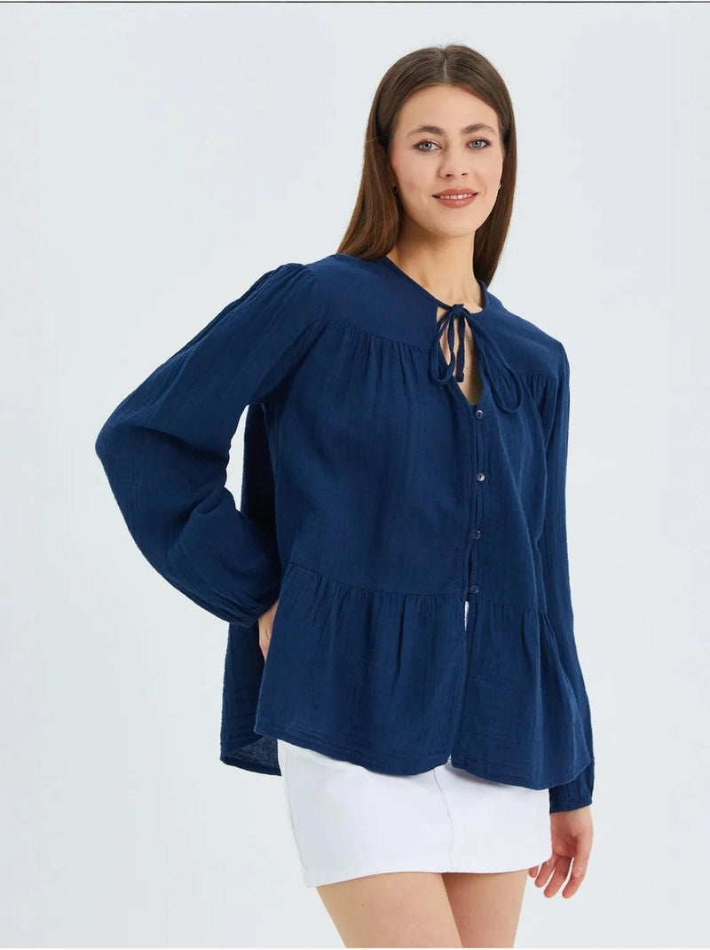 Blusa de manga comprida de corte descontraído com laço no decote mixray Azul-marinho - Kiabi