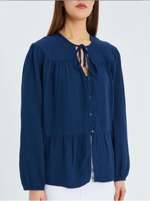 Blusa de manga comprida de corte descontraído com laço no decote mixray - Kiabi Blusa de manga comprida de corte descontraído com laço no decote mixray - Kiabi