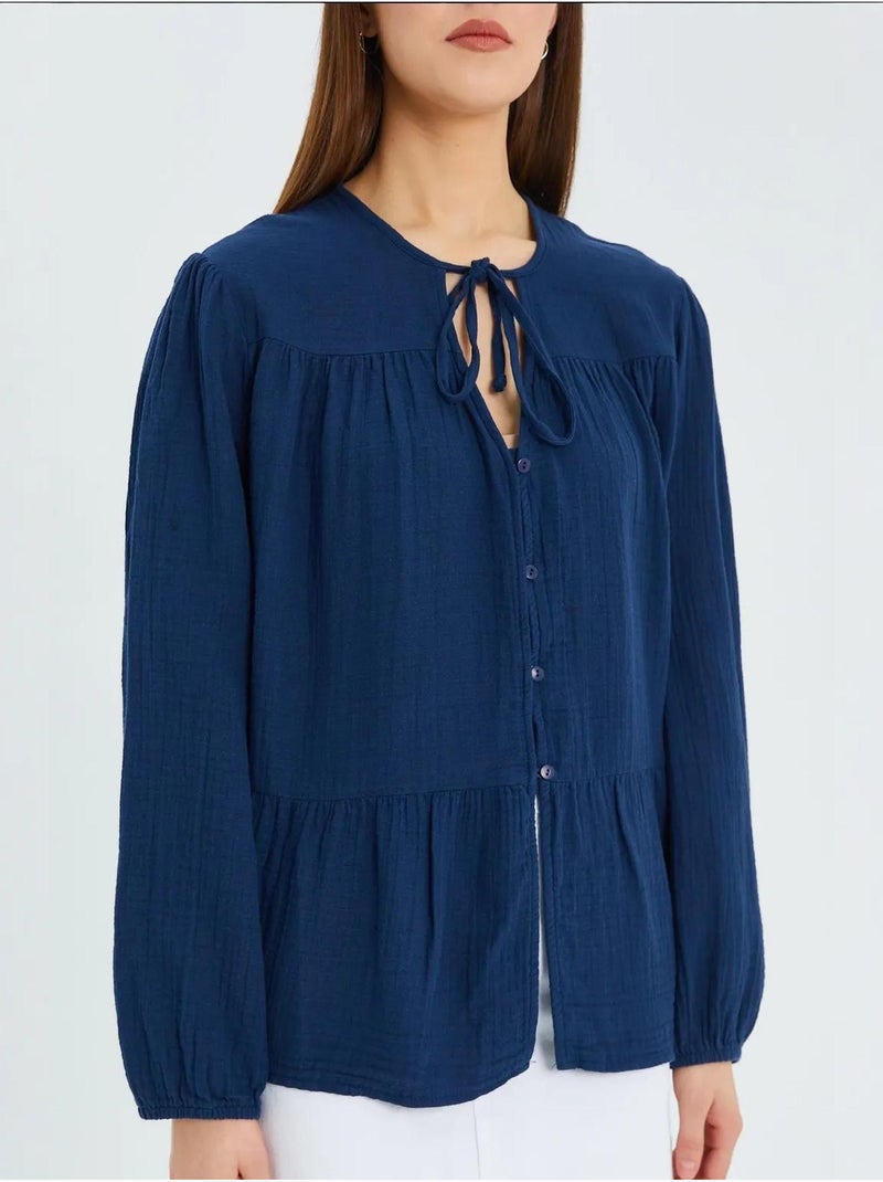 Blusa de manga comprida de corte descontraído com laço no decote mixray Azul-marinho - Kiabi