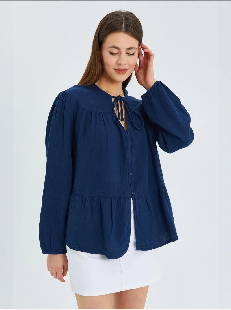 Blusa de manga comprida de corte descontraído com laço no decote mixray Azul-marinho - Kiabi