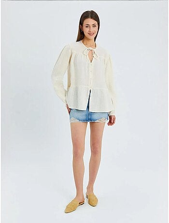 Blusa de manga comprida de corte descontraído com laço no decote mixray