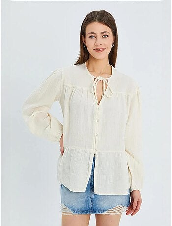 Blusa de manga comprida de corte descontraído com laço no decote mixray