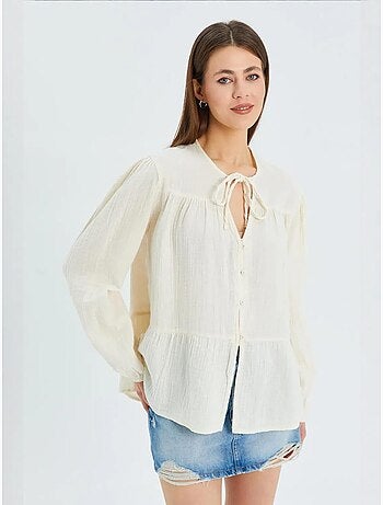 Blusa de manga comprida de corte descontraído com laço no decote mixray