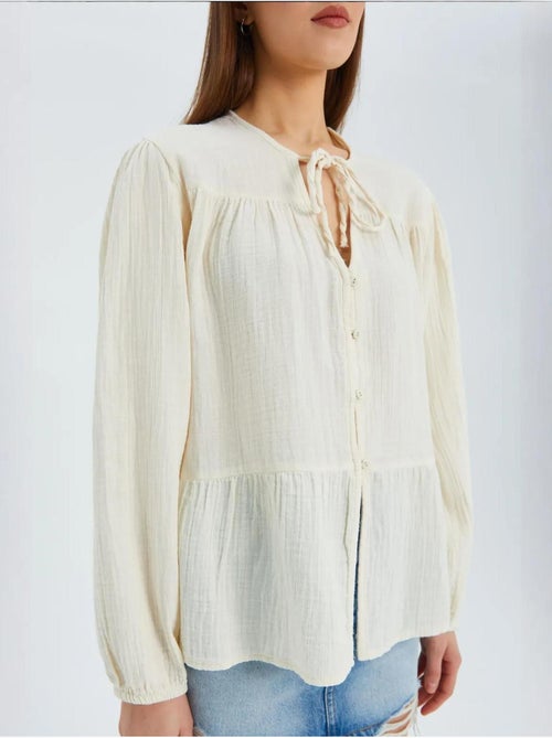 Blusa de manga comprida de corte descontraído com laço no decote mixray - Kiabi Blusa de manga comprida de corte descontraído com laço no decote mixray - Kiabi