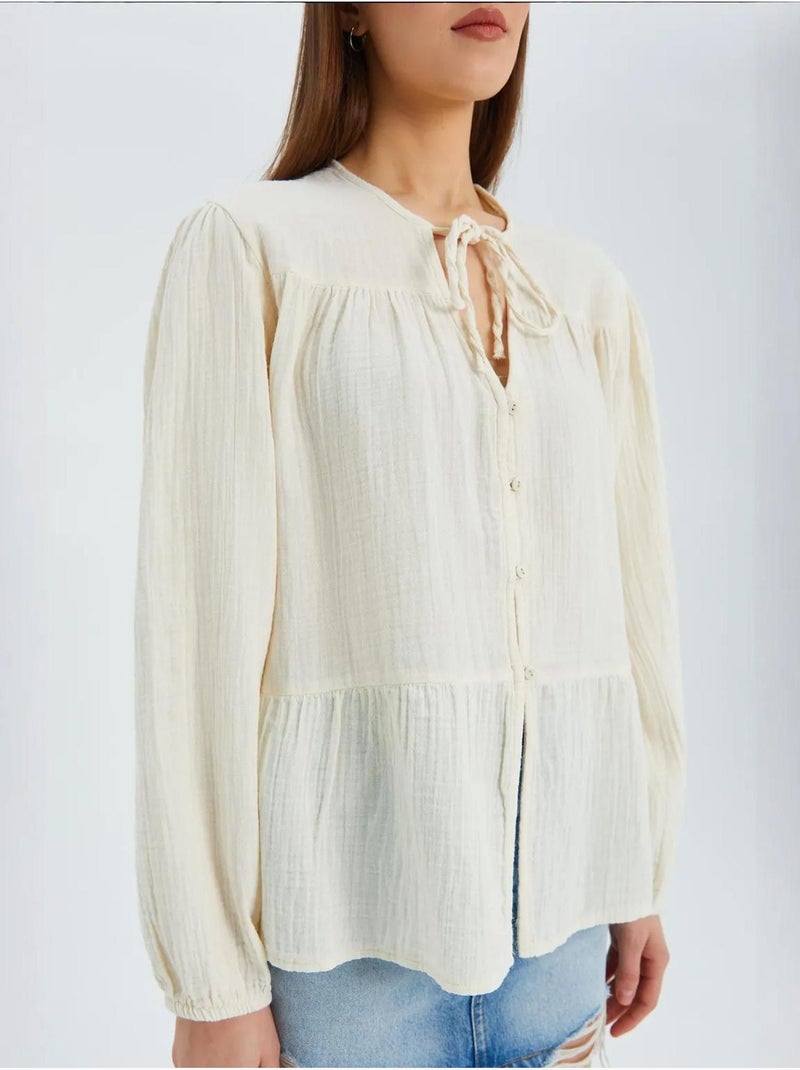 Blusa de manga comprida de corte descontraído com laço no decote mixray Bege - Kiabi