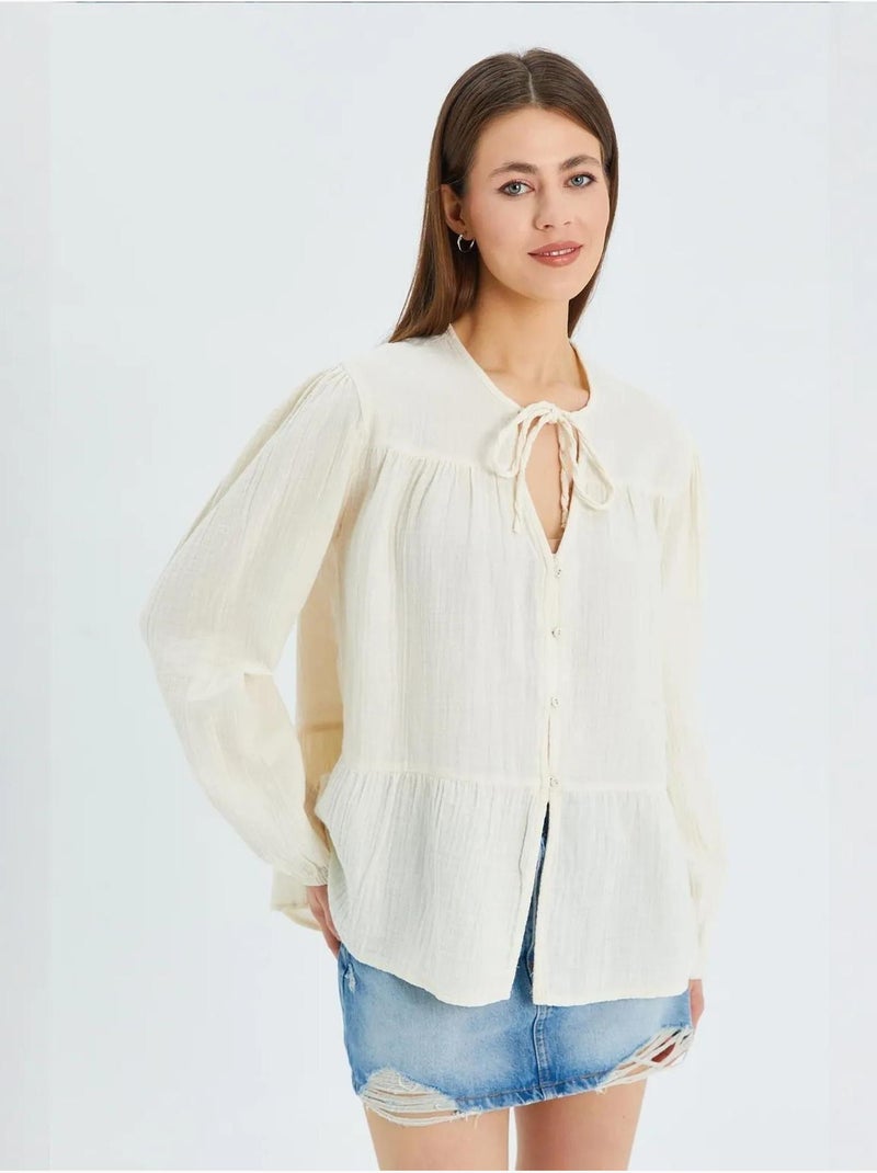 Blusa de manga comprida de corte descontraído com laço no decote mixray Bege - Kiabi