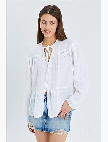 Blusa de manga comprida de corte descontraído com laço no decote mixray