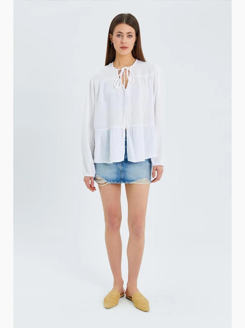 Blusa de manga comprida de corte descontraído com laço no decote mixray Branco - Kiabi