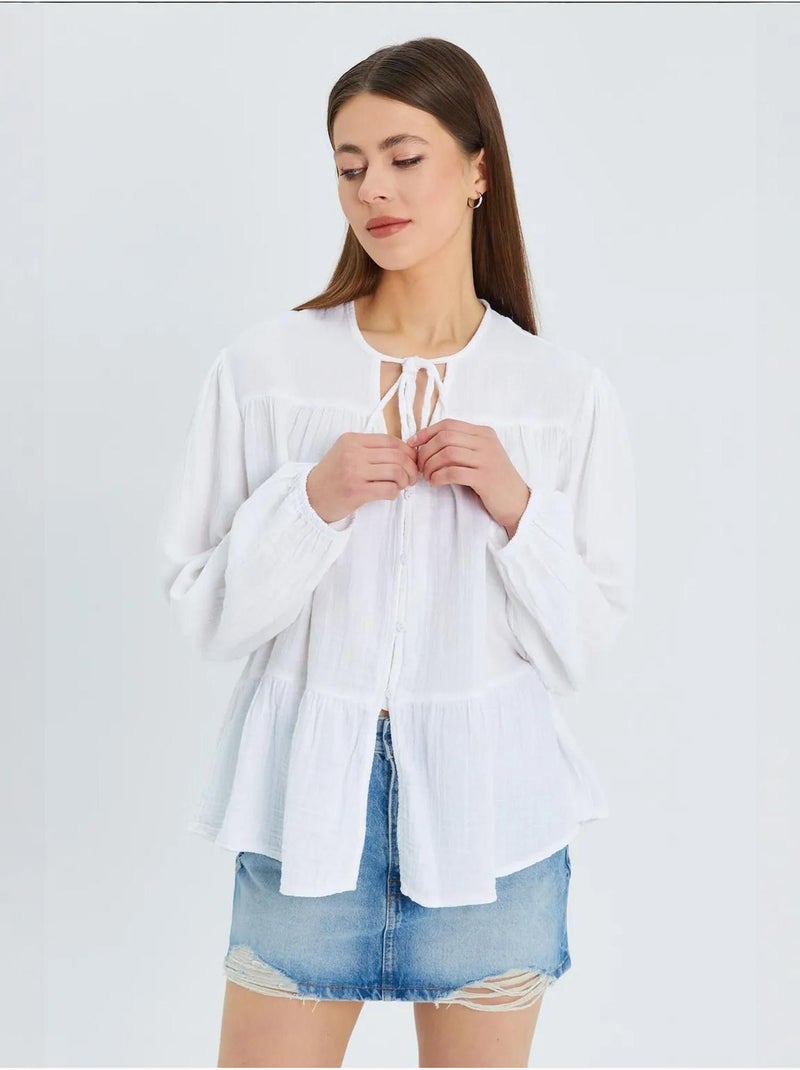 Blusa de manga comprida de corte descontraído com laço no decote mixray Branco - Kiabi