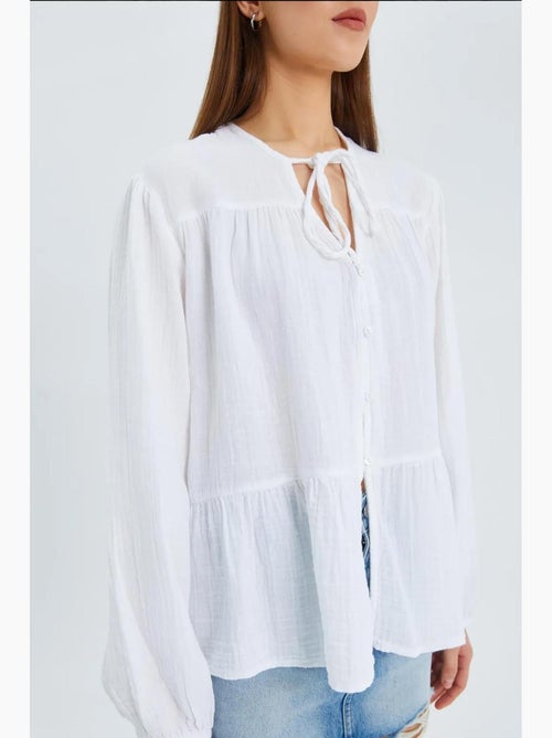 Blusa de manga comprida de corte descontraído com laço no decote mixray - Kiabi Blusa de manga comprida de corte descontraído com laço no decote mixray - Kiabi