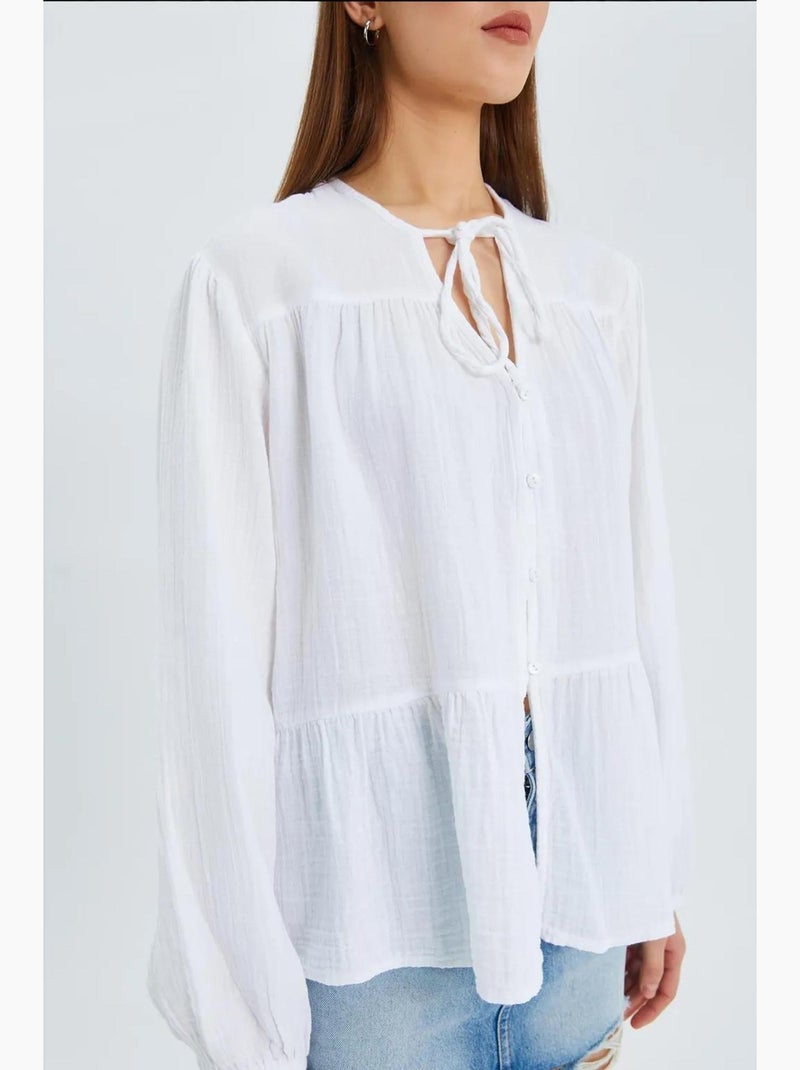 Blusa de manga comprida de corte descontraído com laço no decote mixray Branco - Kiabi