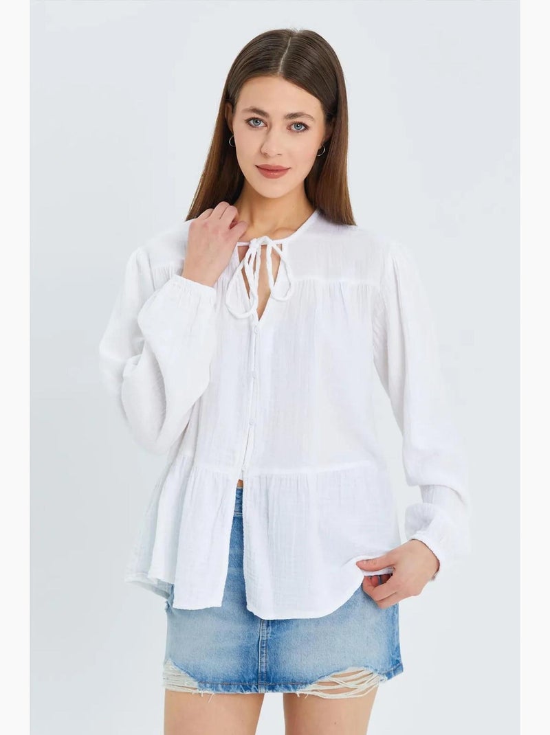 Blusa de manga comprida de corte descontraído com laço no decote mixray Branco - Kiabi