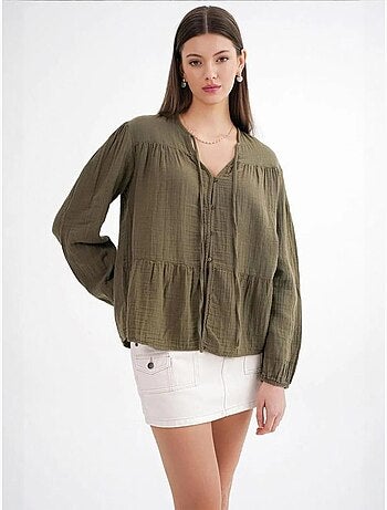 Blusa de manga comprida de corte descontraído com laço no decote mixray