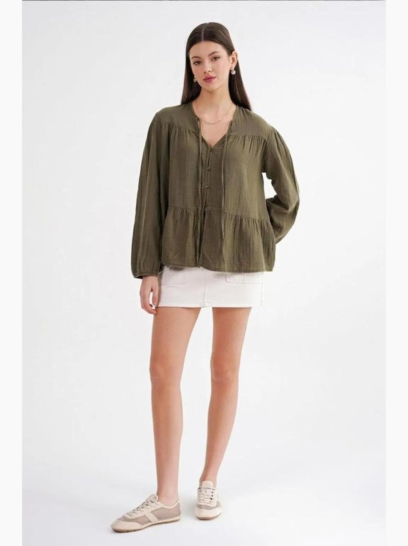 Blusa de manga comprida de corte descontraído com laço no decote mixray Cáqui - Kiabi