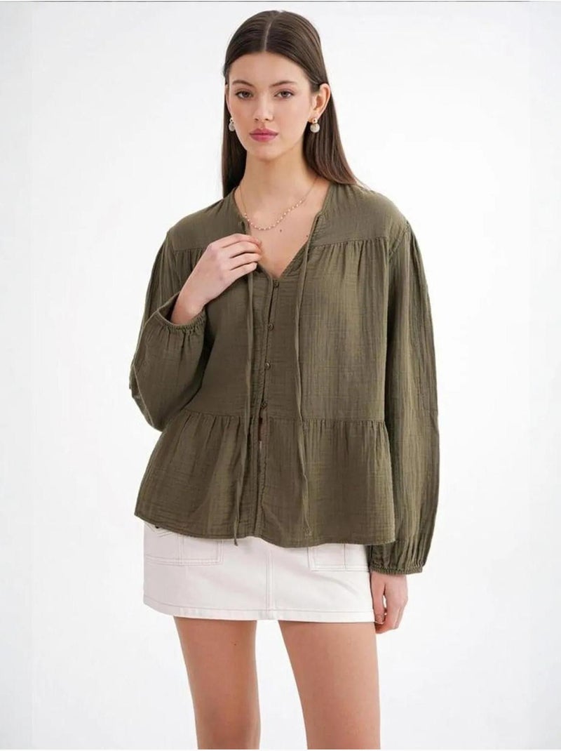 Blusa de manga comprida de corte descontraído com laço no decote mixray Cáqui - Kiabi