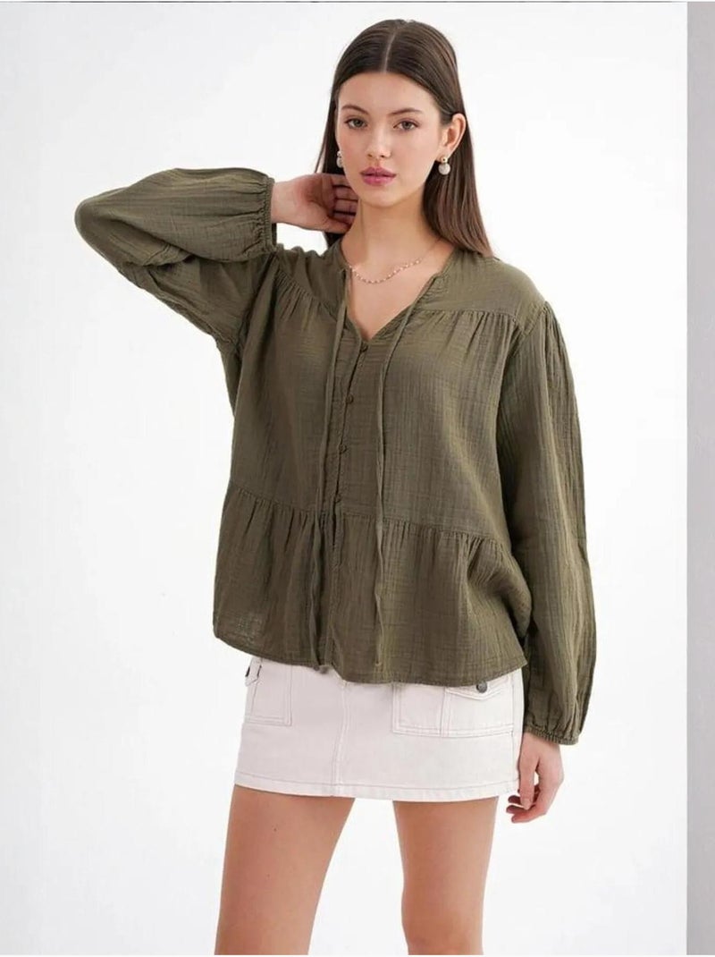 Blusa de manga comprida de corte descontraído com laço no decote mixray Cáqui - Kiabi