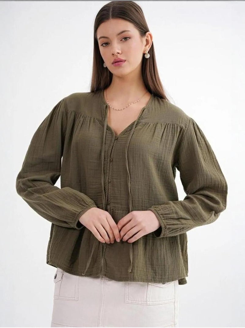 Blusa de manga comprida de corte descontraído com laço no decote mixray Cáqui - Kiabi