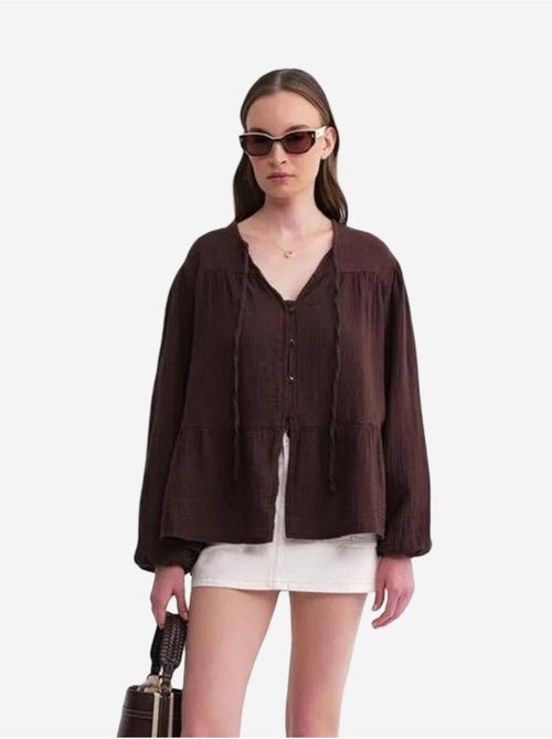 Blusa de manga comprida de corte descontraído com laço no decote mixray - Kiabi Blusa de manga comprida de corte descontraído com laço no decote mixray - Kiabi