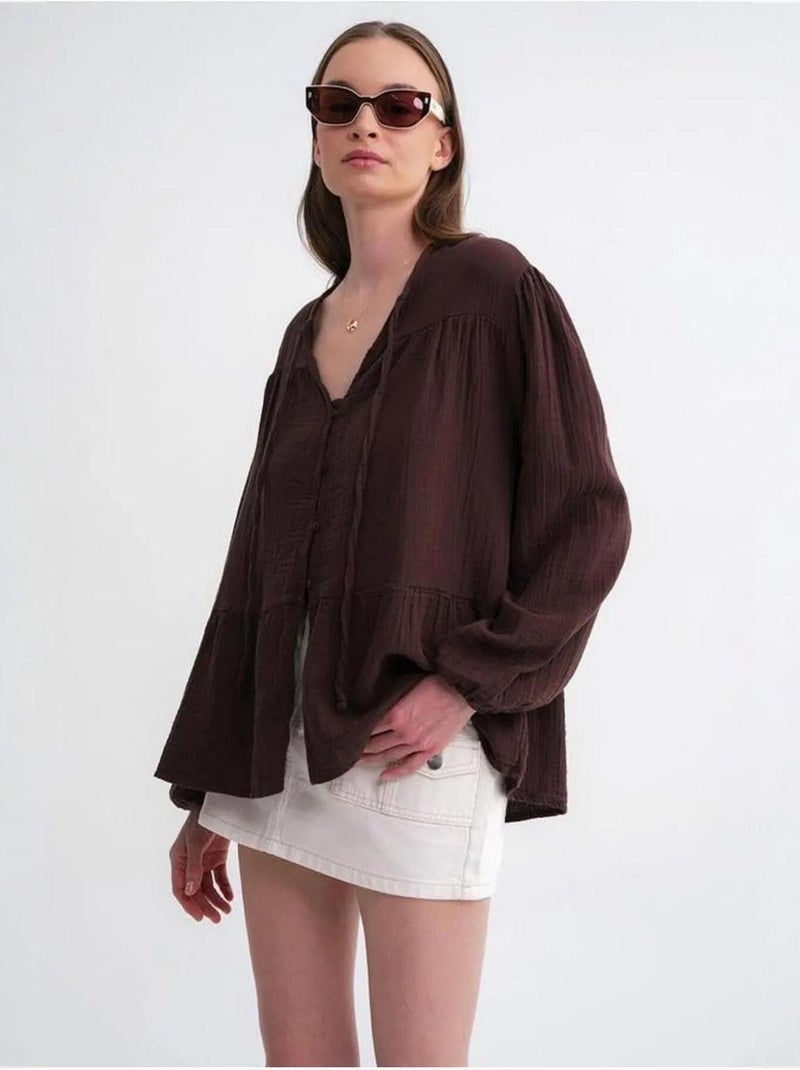 Blusa de manga comprida de corte descontraído com laço no decote mixray Castanho-escuro - Kiabi