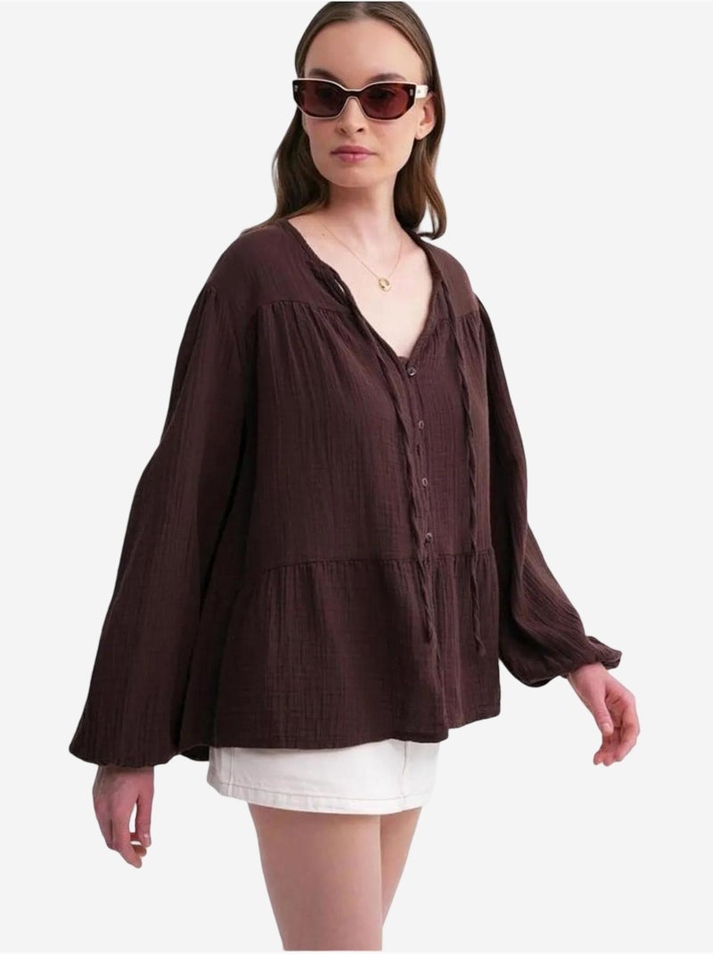 Blusa de manga comprida de corte descontraído com laço no decote mixray Castanho-escuro - Kiabi